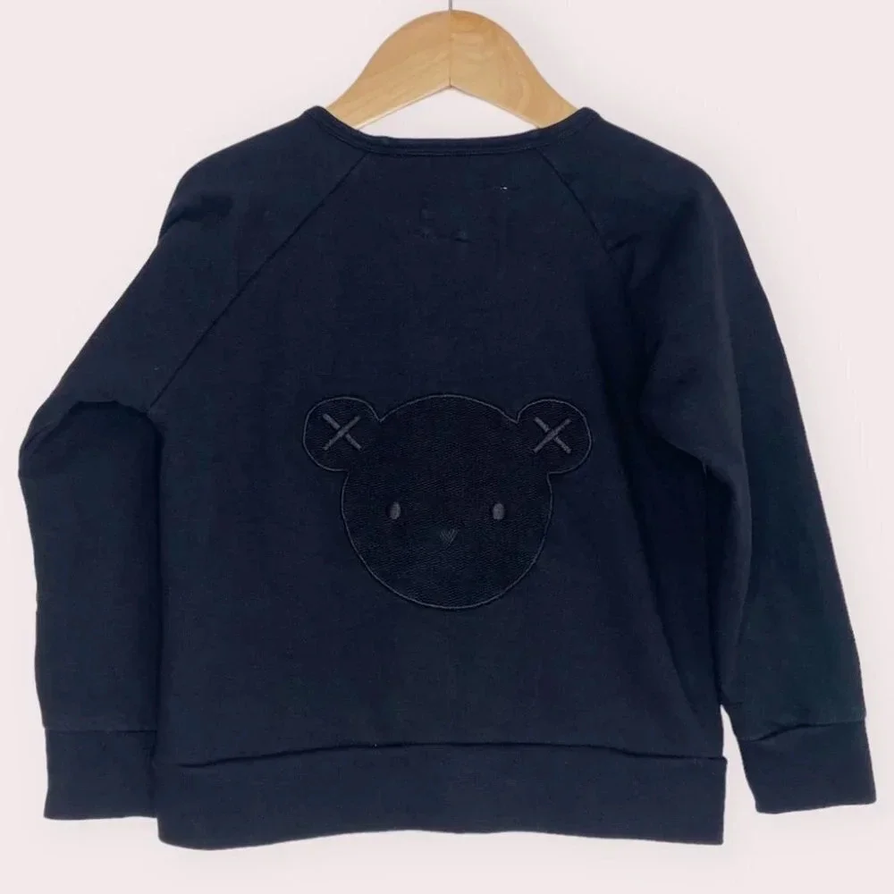 Huxbaby‎ sweat jacket black zip front bear appliqué collarless size 4 years